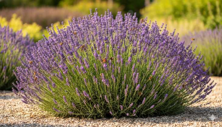 Arbusto de lavanda saludable y florecido gracias a la aplicación de cuidados orgánicos y preventivos.