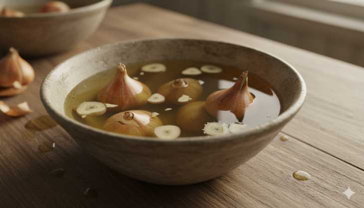 Desinfección natural de bulbos de tulipán con infusión de ajo antes de la siembra en otoño.