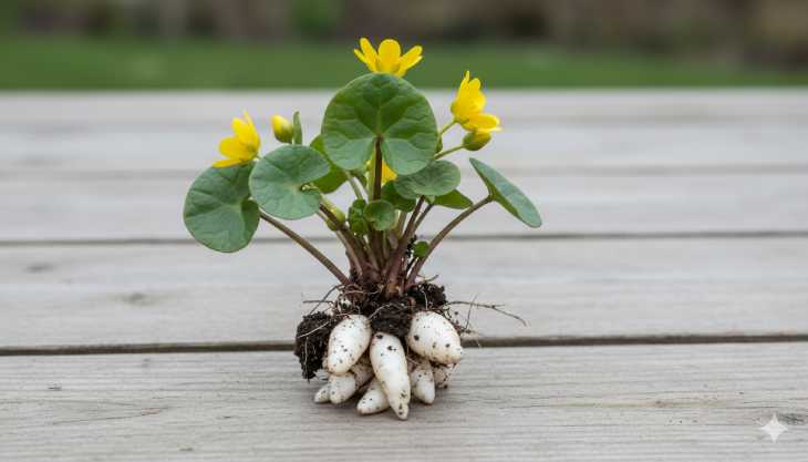 Raíces tuberosas características de la Ficaria verna, conocidas históricamente por sus usos medicinales.
