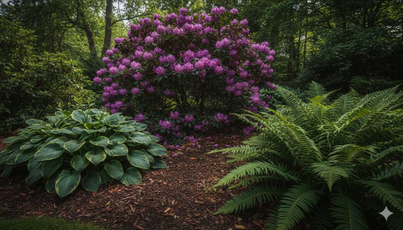 Diseño de jardín de sombra combinando rododendros con hostas y helechos, sus compañeros ideales.