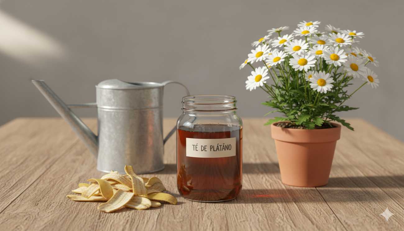 Preparación de té de cáscara de plátano, un remedio casero rico en potasio para estimular la floración de las margaritas.
