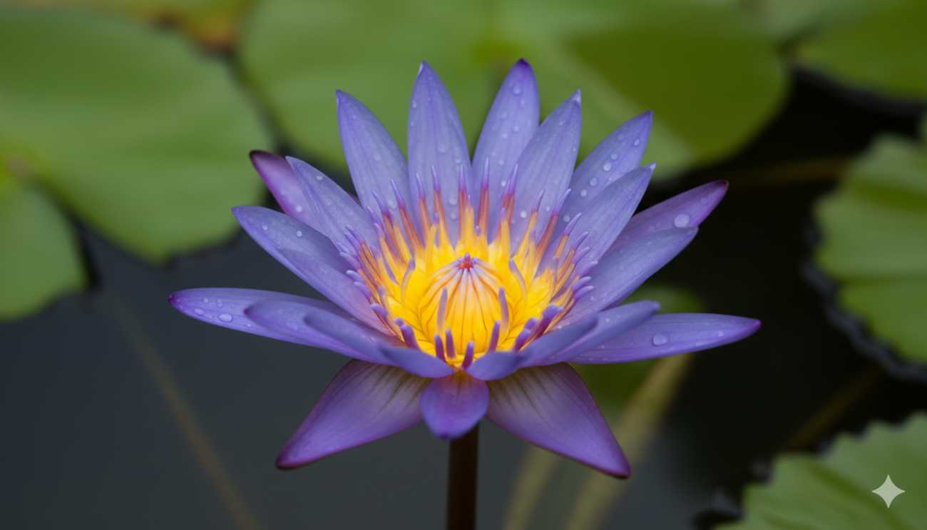 Flor de nenúfar tropical azul elevándose sobre el agua, característica única de las variedades de clima cálido.