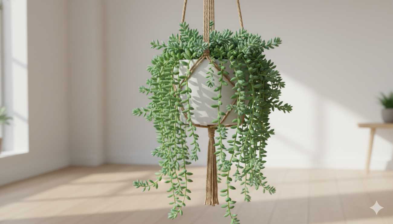 Sedum morganianum saludable y denso en maceta colgante tras aplicar cuidados y remedios naturales.