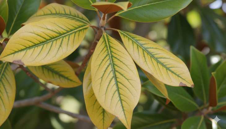 Hojas de magnolio con síntomas de clorosis férrica debido a un pH del suelo demasiado alto.
