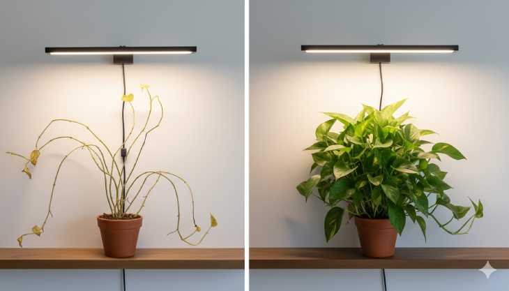 Comparativa de crecimiento de plantas con y sin apoyo de iluminación LED artificial.