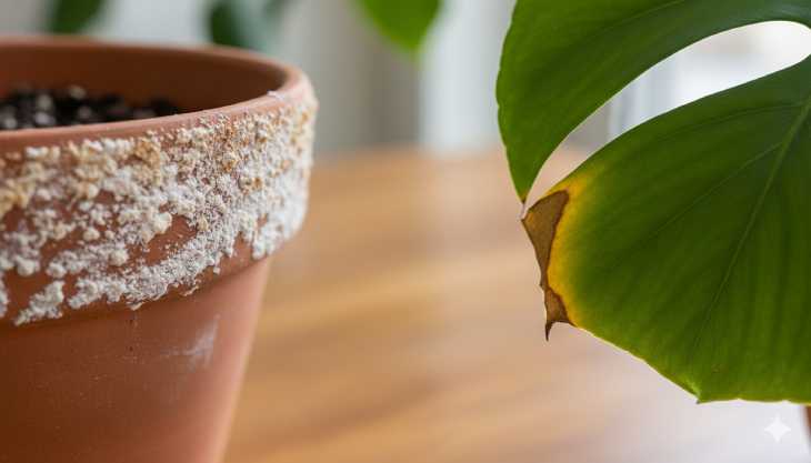 Síntomas de sobrefertilización en plantas de interior, mostrando quemaduras en las hojas y sales acumuladas.
