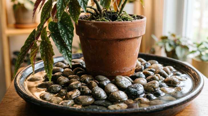 Bandeja de guijarros con agua bajo una maceta para aumentar la humedad ambiental de la begonia