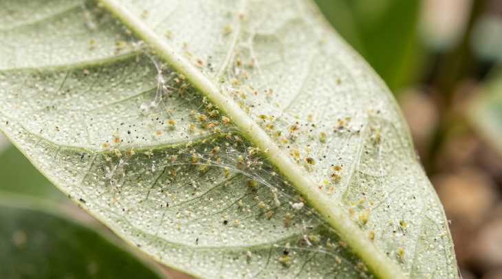 Detalle macro de telarañas microscópicas por infestación de araña roja en el envés de una hoja
