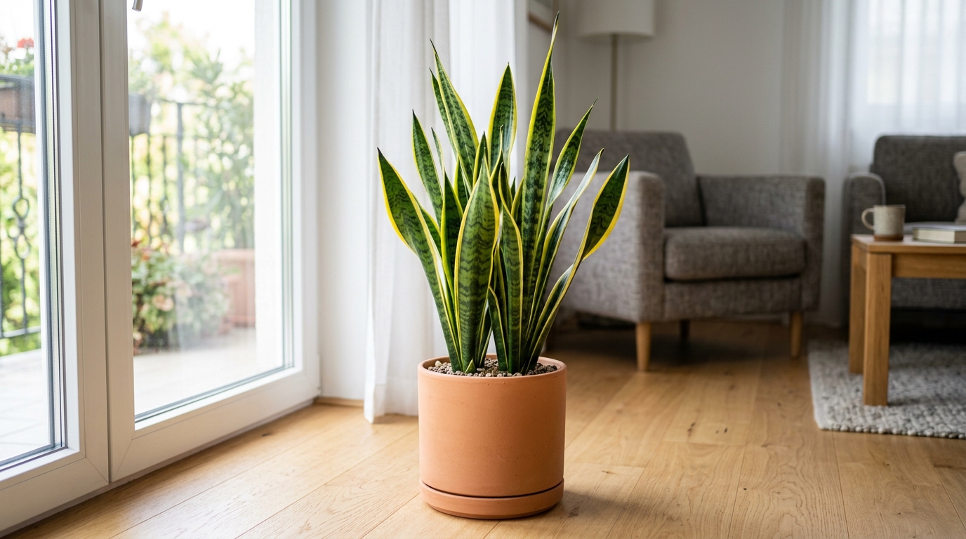 Sansevieria en maceta cerca de una ventana
