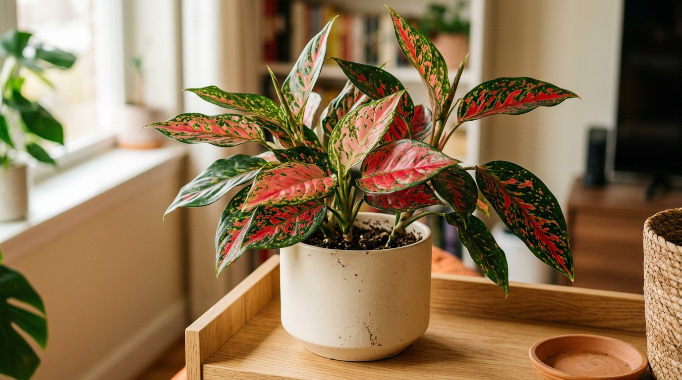 Aglaonema encima de un estante.