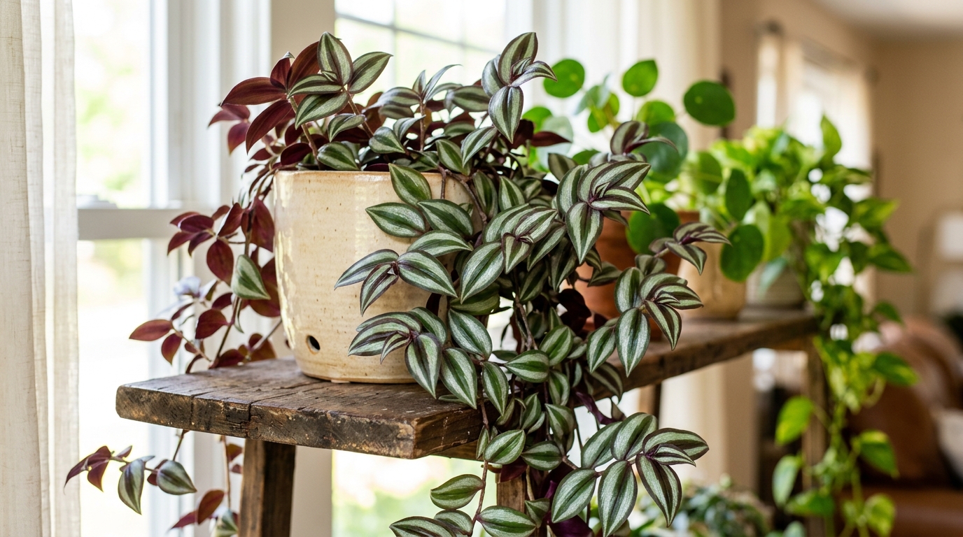 planta Tradescantia zebrina en estante alto.
