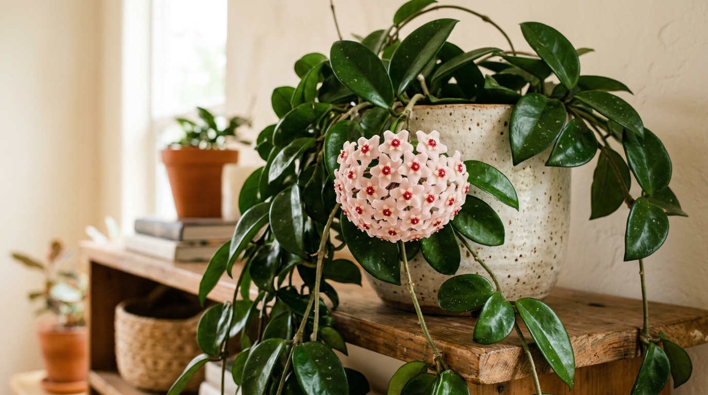 Hoya carnosa con flor en una estanteria