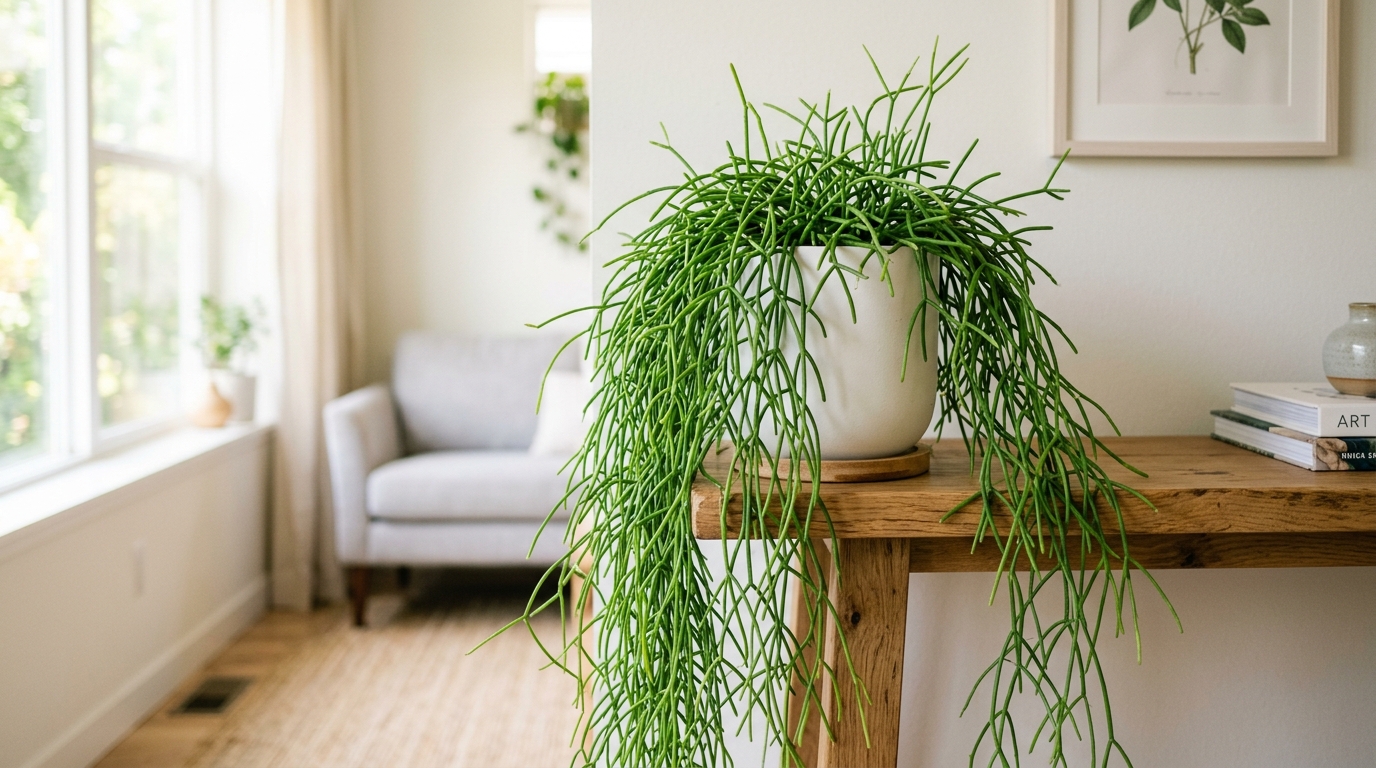 Rhipsalis en maceta blanca colgada de una estanteria