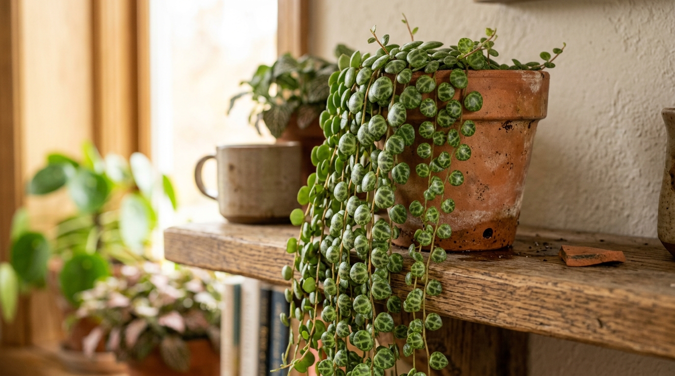 Peperomia prostrata o cadena de tortugas en un estante alto