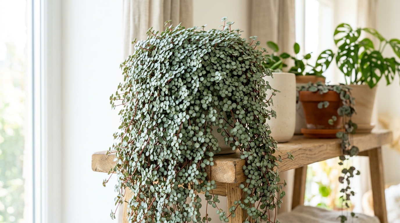 Pilea glauca junto a otras plantas en un estante alto