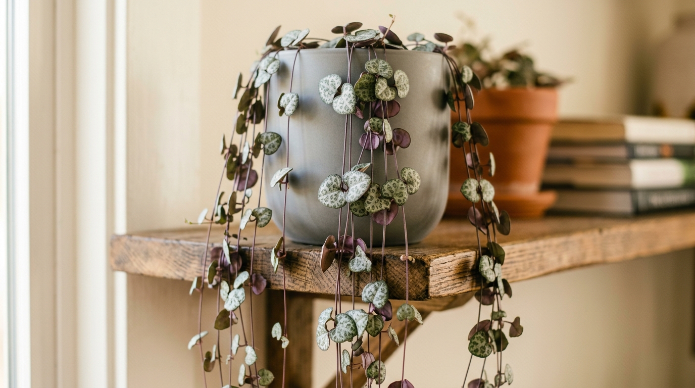 Ceropegia woodii o cadena de corazones colgando de una estantería