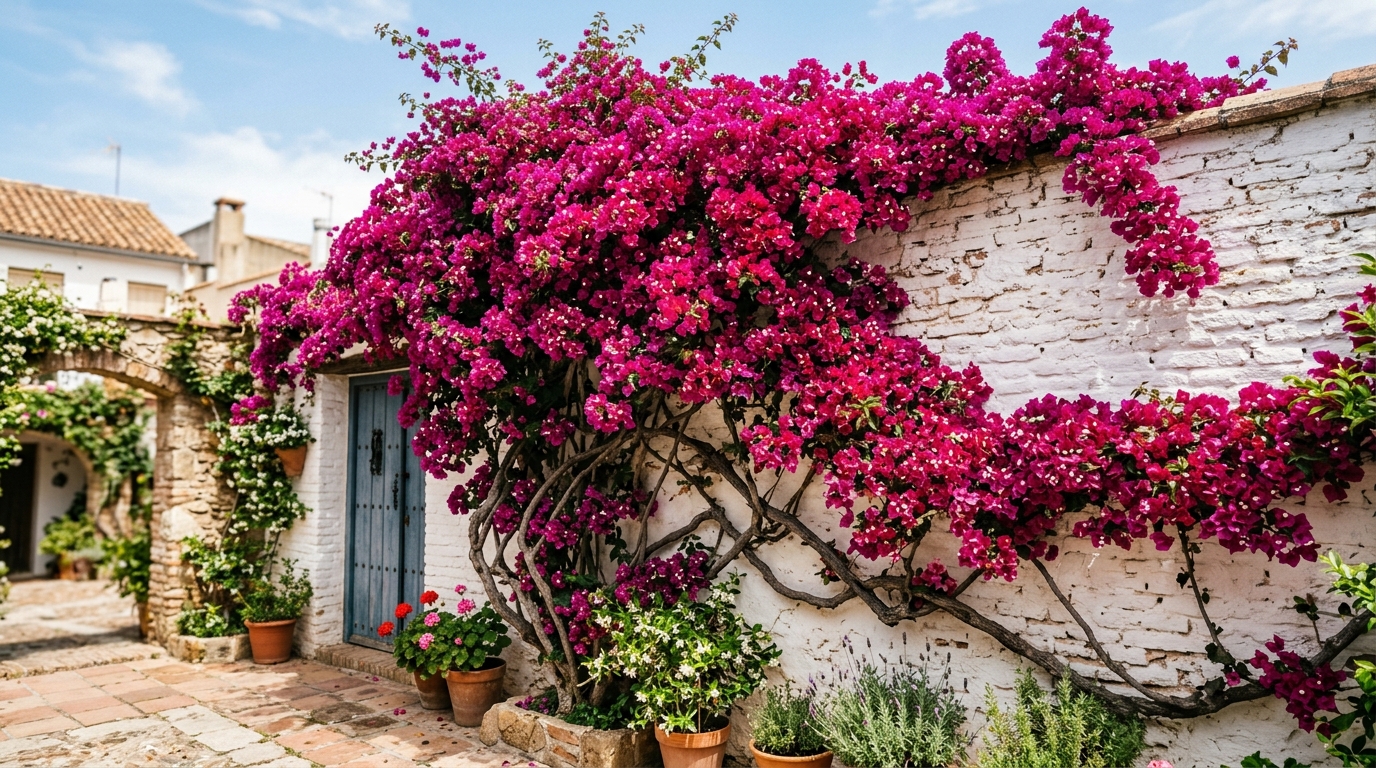 Muestra una planta madura de troncos leñosos y retorcidos en plena y espectacular floración de color fucsia intenso, cubriendo una pared de ladrillo rústico bajo la brillante luz del sol.