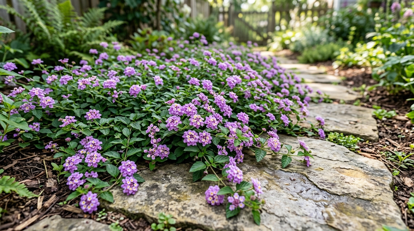 Lantana rastrera (Lantana montevidensis). Muestra su hábito de crecimiento bajo y extendido, cubriendo de manera densa el suelo y descolgando delicadamente sobre piedras con sus características inflorescencias de color lila y pequeños centros amarillos.