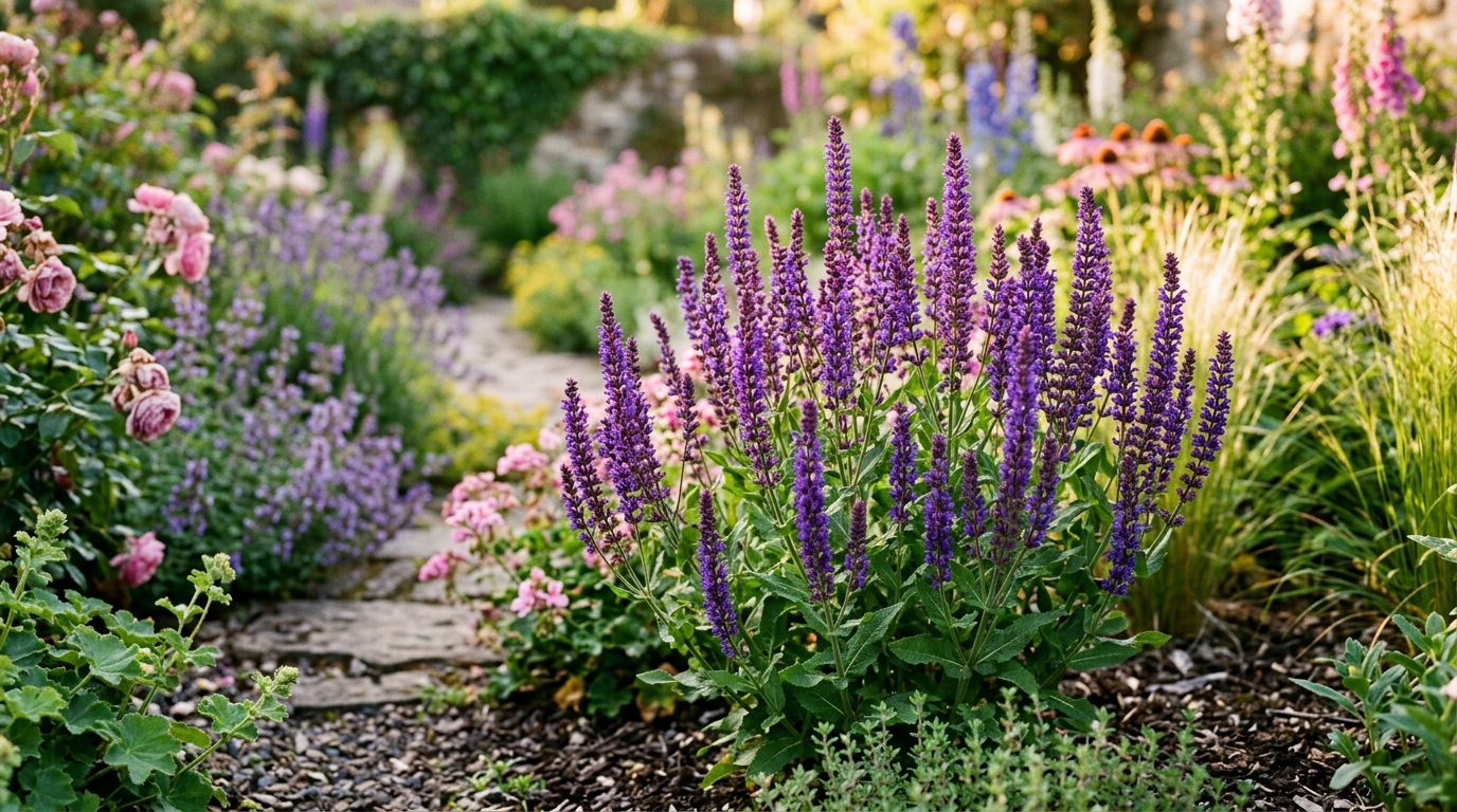 Salvia ornamental (Salvia nemorosa). Muestra sus características espigas erguidas y densas cargadas de flores de un intenso color azul violeta y púrpura, destacando bajo la luz cálida del atardecer en el jardín.