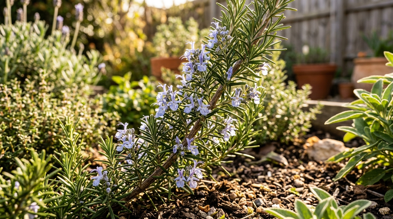 Romero (Salvia rosmarinus). Muestra sus características hojas aciculares de color verde oscuro y las delicadas flores de tono azul pálido que brotan sobre sus tallos leñosos, bajo una luz dorada y natural.