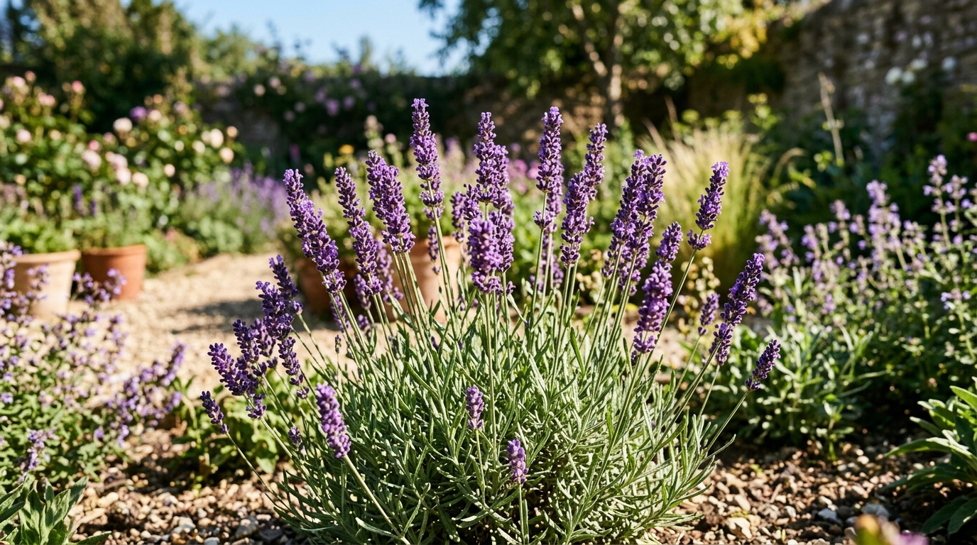 Lavanda (Lavandula). Muestra sus características espigas erguidas de flores de color violeta púrpura intenso, destacando sobre el follaje verde plateado bajo la luz cálida y brillante del sol en el jardín.