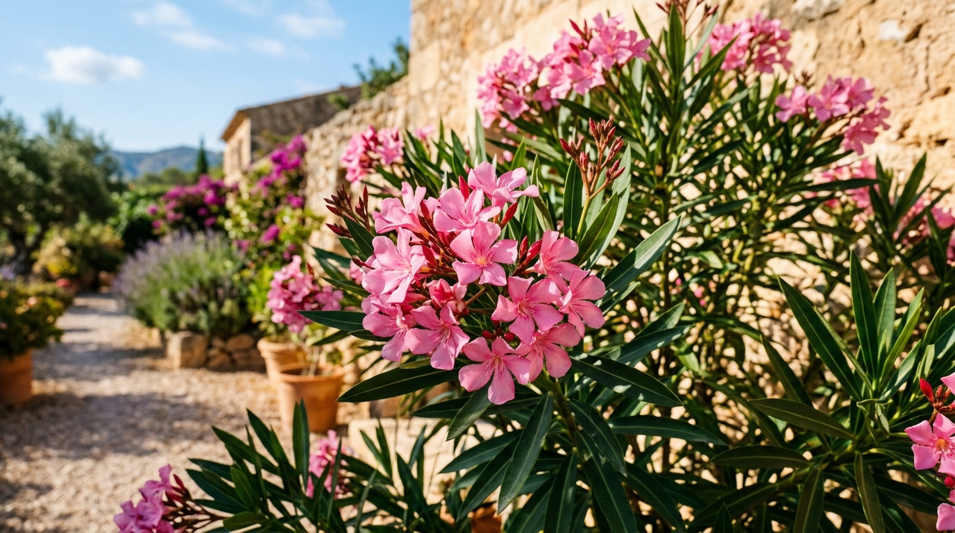 Adelfa (Nerium oleander) vigorosa y en plena floración en un entorno exterior