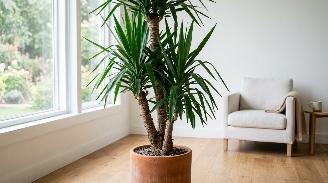 imagen de la Yuca (Yucca elephantipes). Muestra sus característicos troncos leñosos y robustos coronados por rosetas de hojas rígidas y alargadas en forma de espada, presentada en una maceta moderna de terracota en un ambiente interior luminoso.