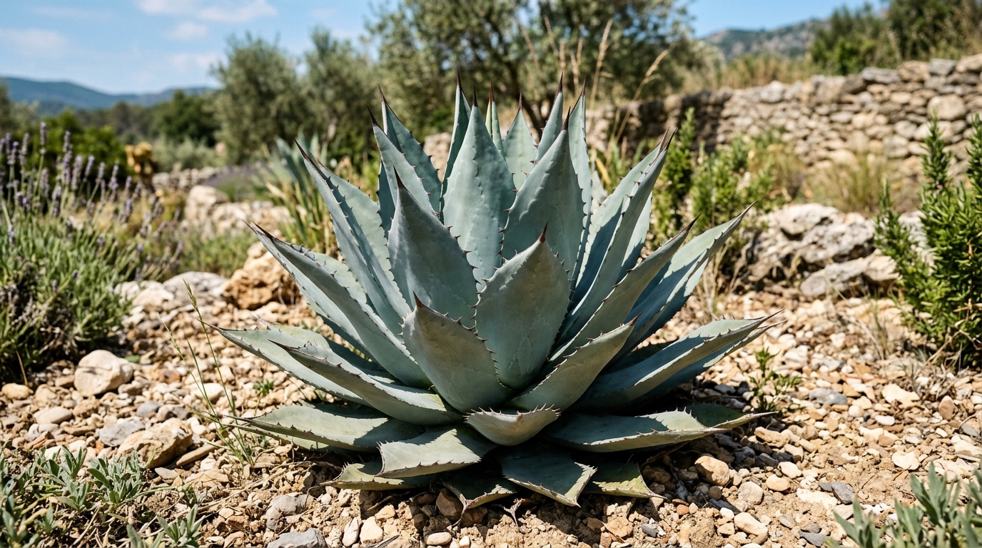 imagen del Agave. Muestra sus características hojas carnosas, gruesas y de un tono verde azulado, con márgenes espinosos y dispuestas en una roseta simétrica y escultórica sobre suelo seco bajo el sol.