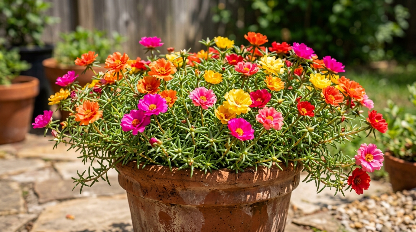 Portulaca (amor de un rato). Muestra sus características hojas cilíndricas y carnosas junto a sus vistosas flores de pétalos finos y colores intensos (fucsia, amarillo y naranja) abriéndose por completo bajo el sol.