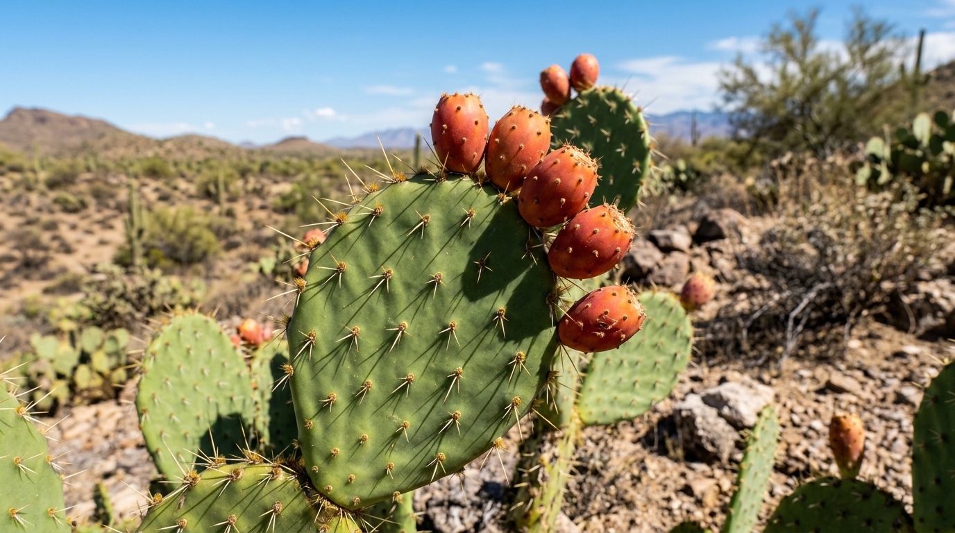 Cactus de nopal (Opuntia). Muestra sus características pencas o palas de color verde brillante con sus pequeños grupos de espinas y unas tunas o frutos de color rojizo creciendo en los bordes, todo bajo una intensa luz desértica.