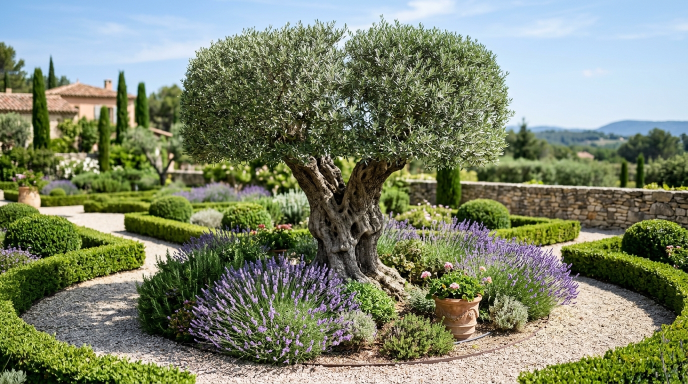 Olivo majestuoso en un jardín ornamental. Destaca su tronco viejo y escultórico como pieza central, rodeado de senderos limpios de grava, setos recortados con precisión y lavandas suaves en un entorno pacífico y sofisticado.