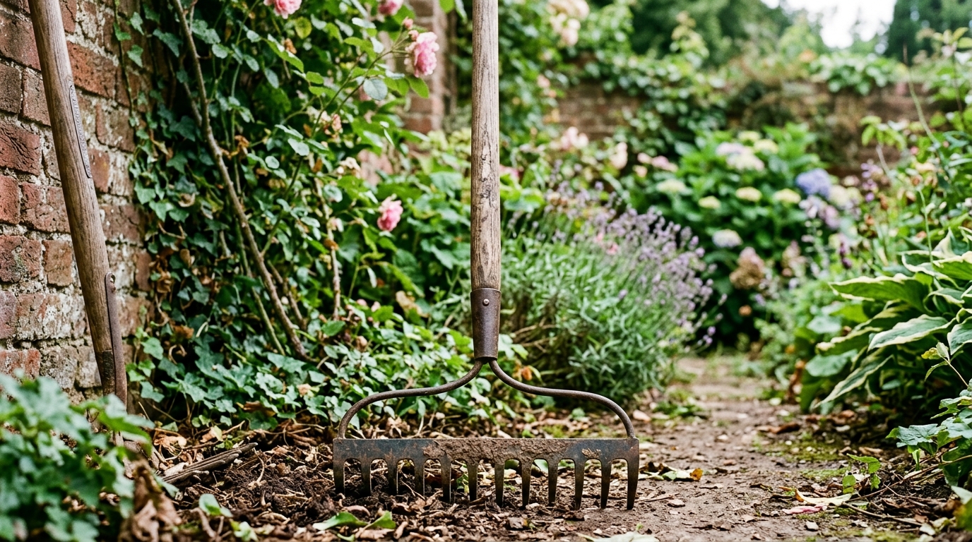 rastrillo de jardinería clásico con dientes metálicos y un mango de madera.