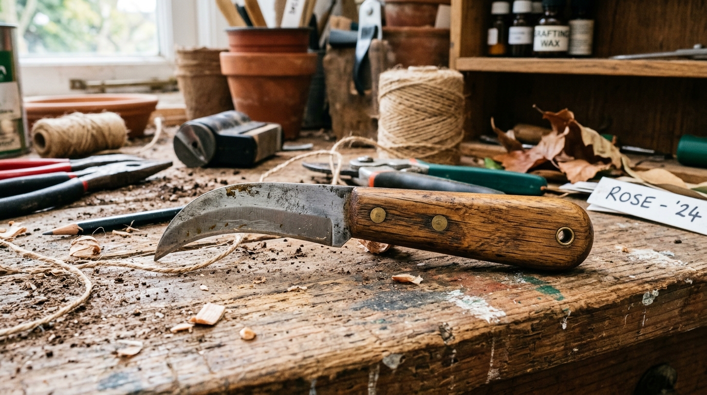 imagen de un cuchillo o navaja de injertar de jardinería, mostrando su hoja curva característica y mango ergonómico.