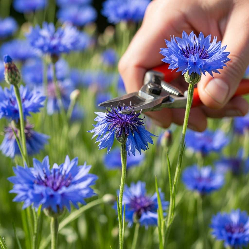 cortando las flores de acianos
