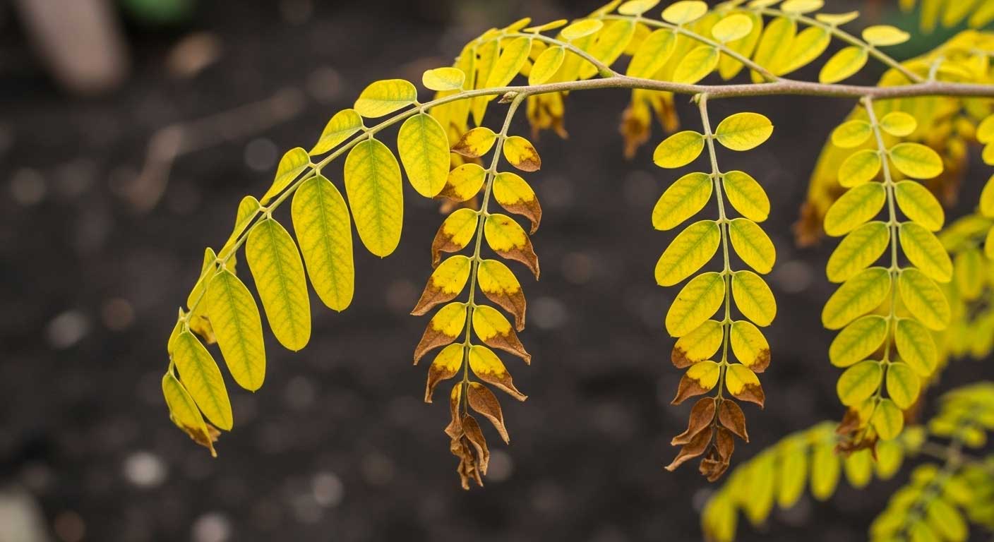 hojas de acacias medio secas y amarillas