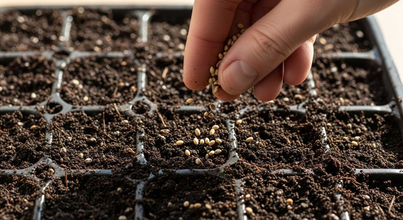 echando semillas de alhelí en macetas