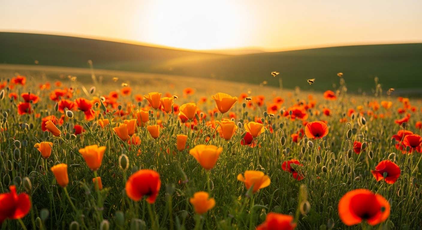 campo al atardecer lleno de amapolas
