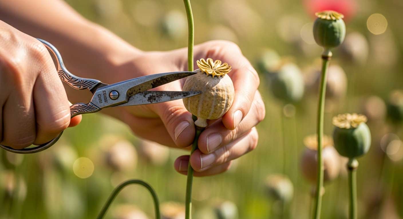 cortando la amapola seca para sacarle las semillas