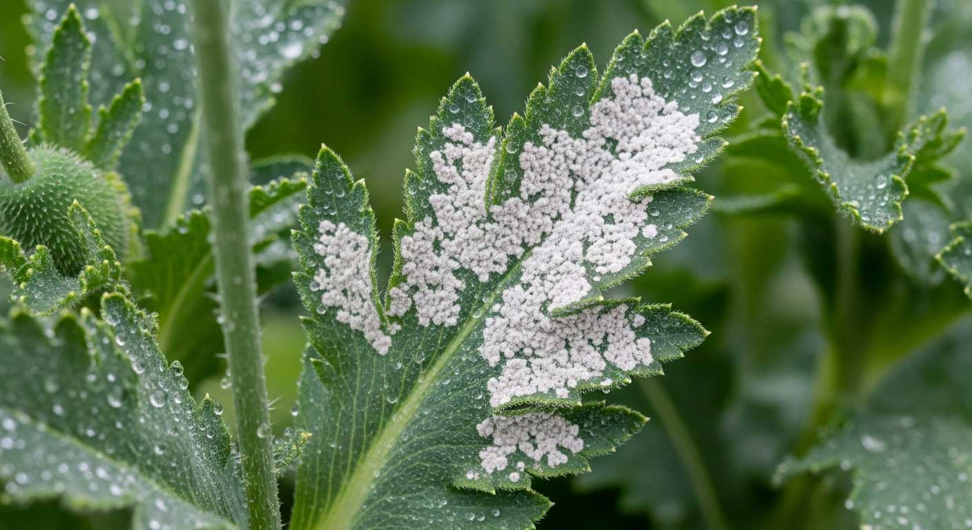 hoja de amarilis con hongos blancos