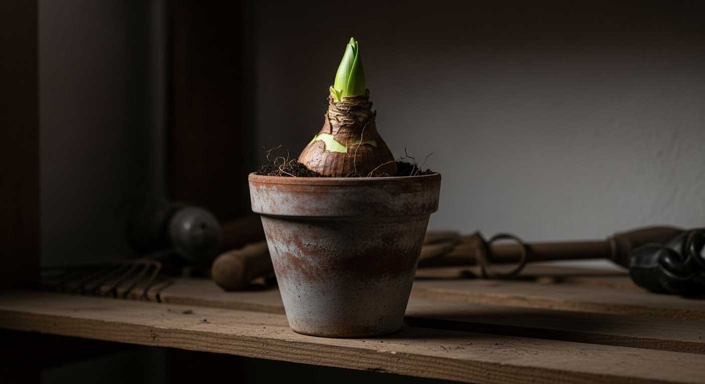 el bulbo de amarilis asomando por una maceta