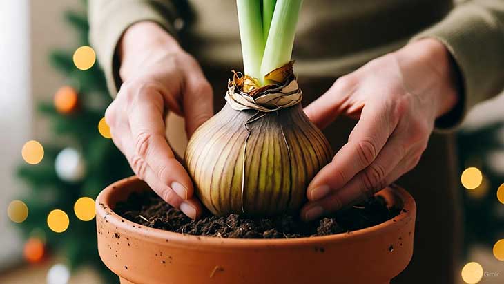 plantando en una maceta un bulbo de amarilis