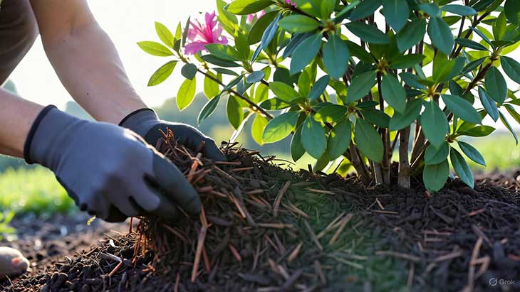 poniendo sustrato a la planta azalea