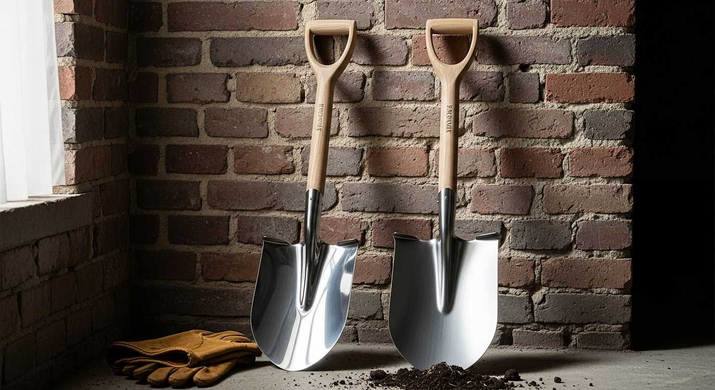 dos palas de jardín apoyadas en la pared