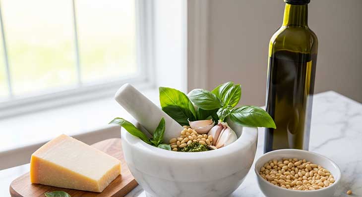 mortero con albahaca y aceite