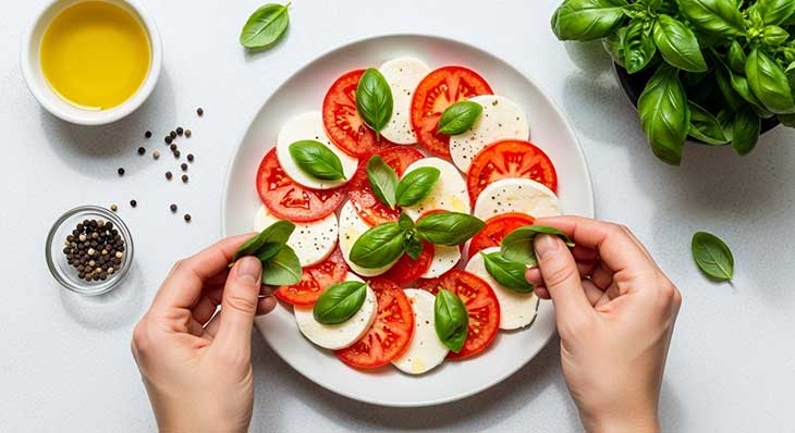ensalada de tomate, queso fresco y albahaca