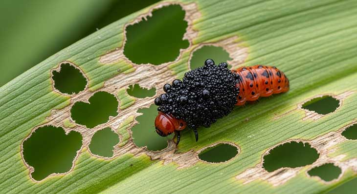 larva del escarabajo rojo del lirio