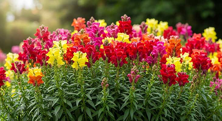 jardín repleto de distintas flores de boca de dragón
