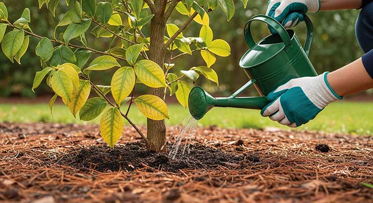 regando que regadera una camelia amarillenta