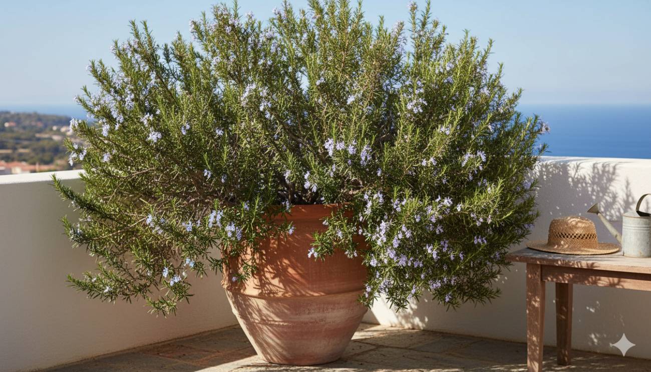 Arbusto de romero frondoso y saludable creciendo en una gran maceta de terracota en un balcón soleado, demostrando el éxito del cultivo en maceta.
