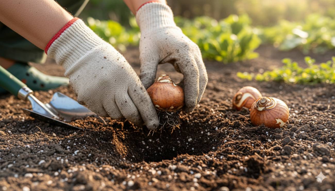 Manos de un jardinero colocando cuidadosamente un bulbo de lirio en un hoyo de plantación, demostrando la técnica de siembra correcta.
